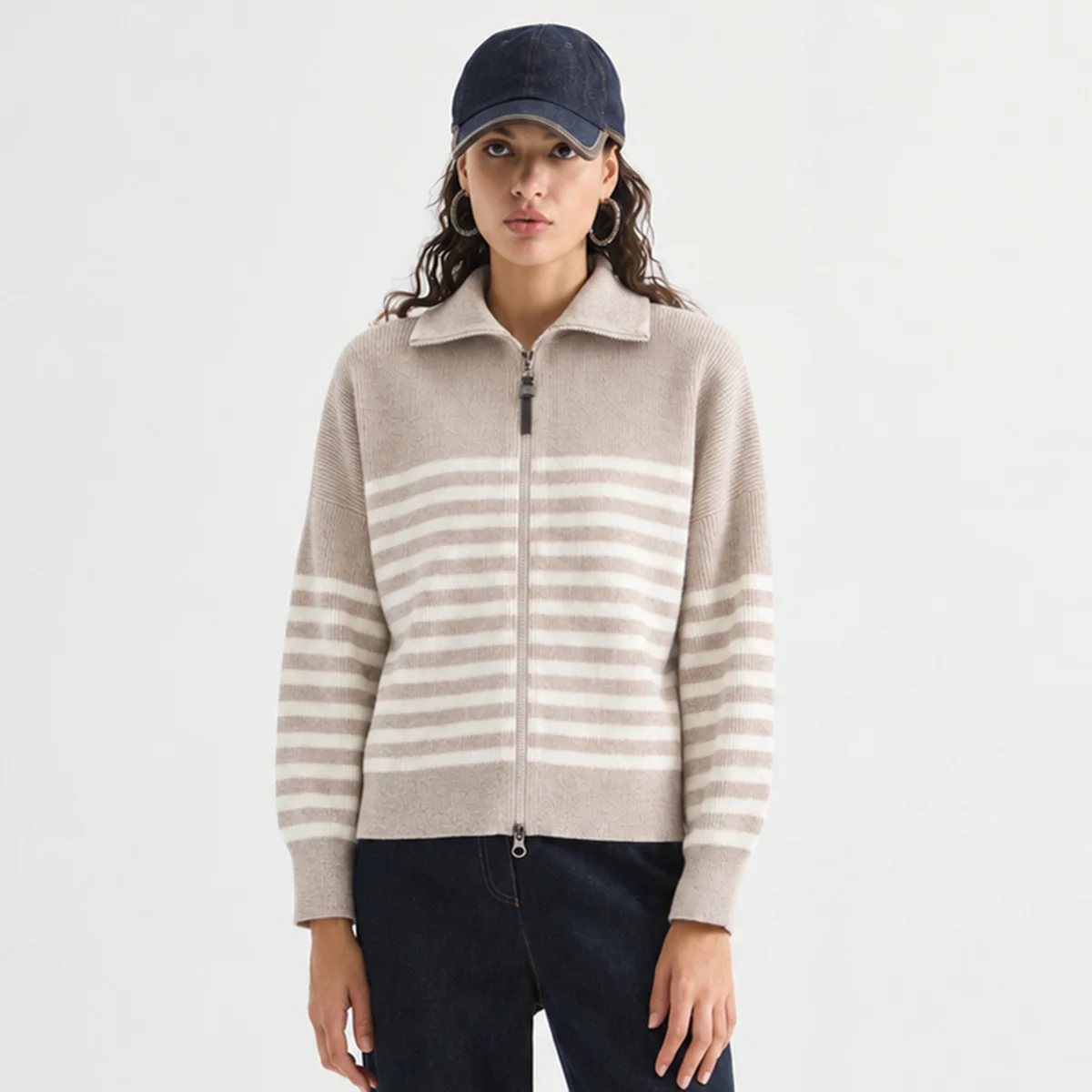 BL4621829 Women's 100% Wool Knit Striped Zip-Up Cardigan Chain Detail Leather Pull Tab Drop Shoulder Chic Elegant Early Autumn