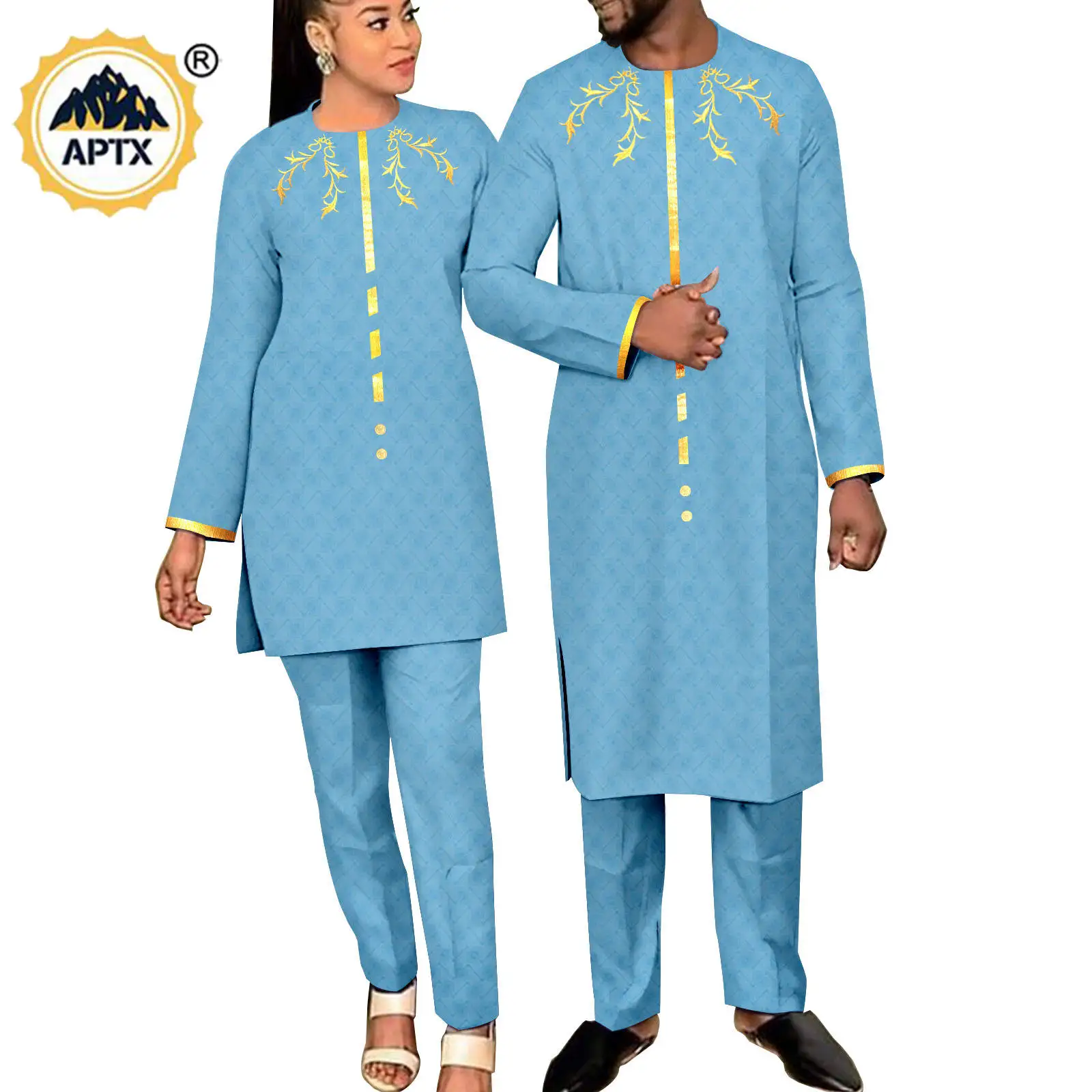 African Matching Outfit for Couples Men Clothes Kaftan Bazin Riche Women Long Top and Pant Sets Agbada Wedding Wear Y23C037