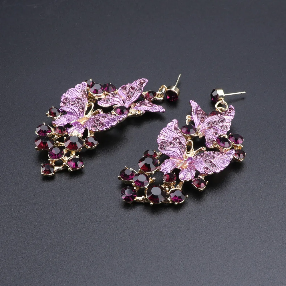 Purple Crystal Necklace Earrings Set Butterfly Jewelry Sets for Brides Gift for Women Wedding Party Indian Costume Jewellery