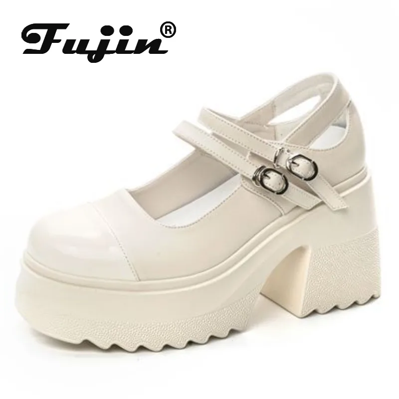 Fujin 10cm Patent Genuine Leather Breathable Pumps Summer Ankle Boots Chunky Heels Mary Jane Buckle Platform Autumn Spring Shoes