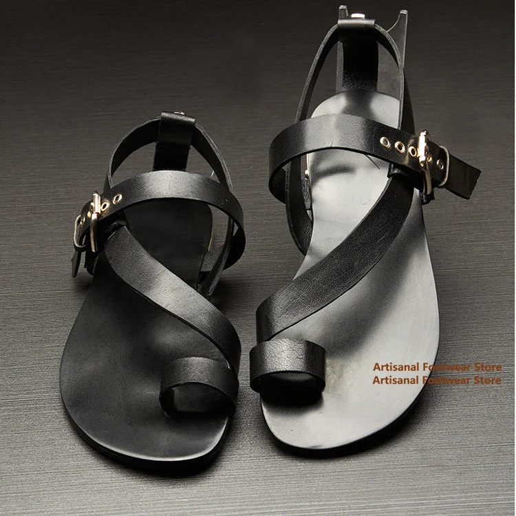 

Classic Black Leather Ankle Buckle Toe Ring Flat Sandals Summer Males Beach Shoes New In Trendy Luxury Handmade Men's Shoes