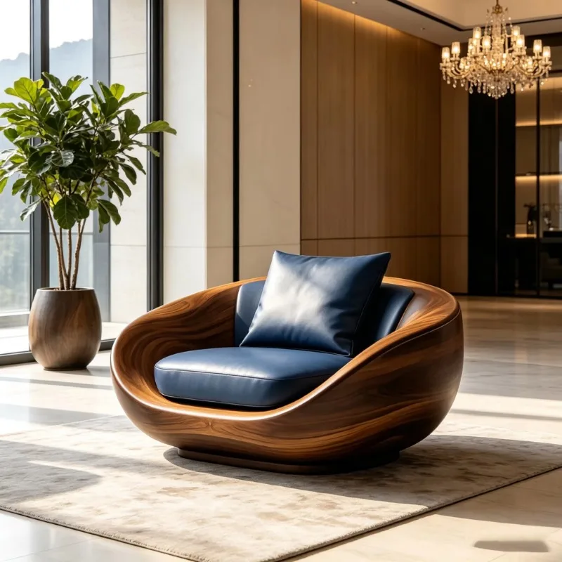 Bowl-shaped wooden shell casual armchair, dark blue leather cushion, mid-century modern design