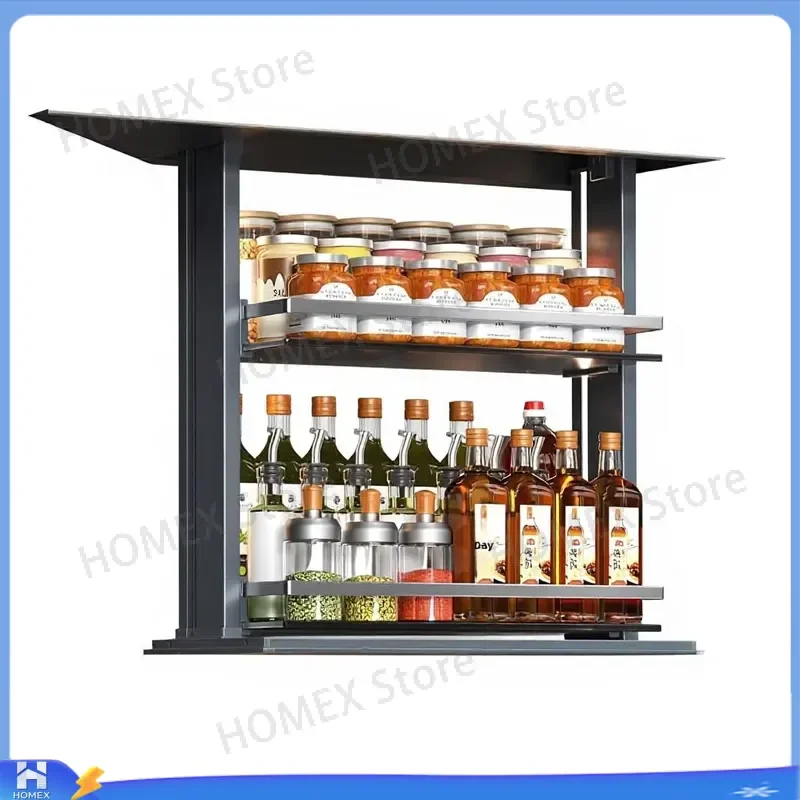 Smart Electric Pull Down Shelf Adjustable Metal Seasoning Rack Kitchen Cabinet Storage Organizer Touch Switch 26x26cm Space