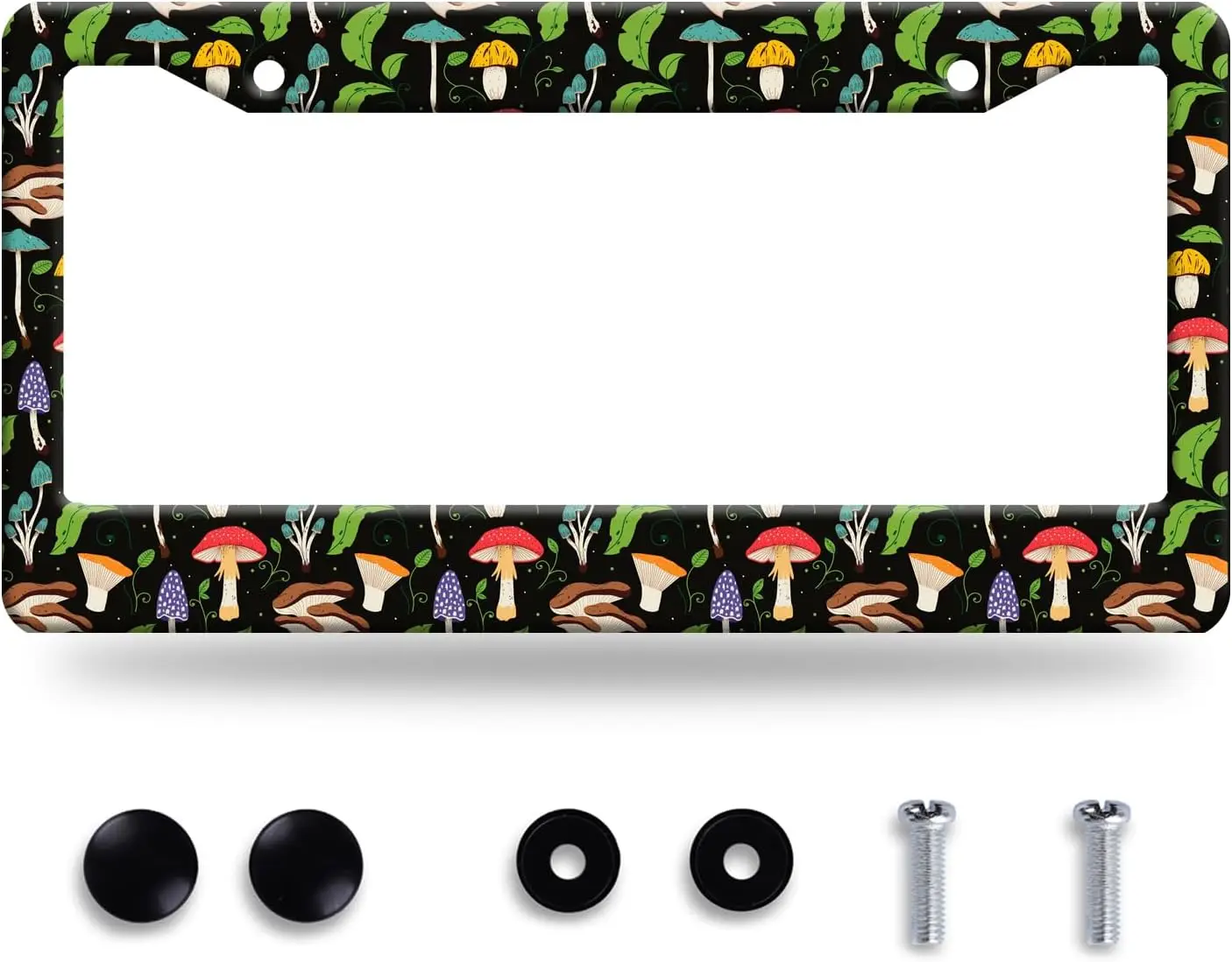 

Cute Mushroom Leaves Print License Plate Frame, Colorful Stainless Steel Auto Decoration with Screws, Size 12.3 x6.3