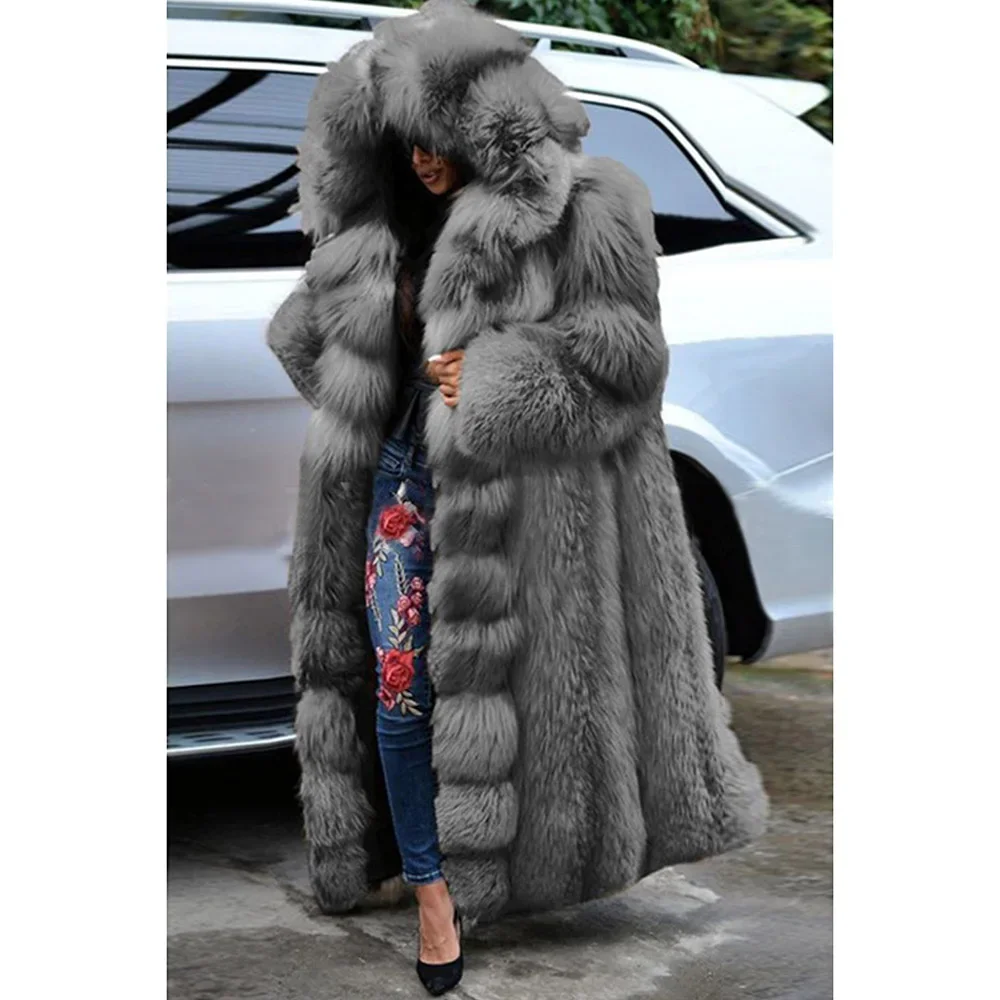 Plus Size Women\'s Fashion Daily Coat Brown Hooded Long Sleeve Faux Winter Warm Fur Coat