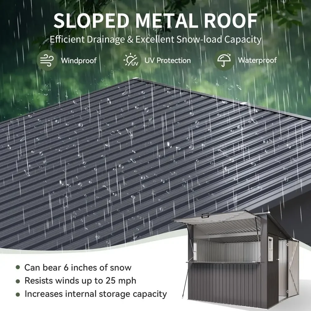 8x7 FT Outdoor Bar Shed with Canopy Black Sloped Roof Metal Outdoor Storage Shed with FoldDown Counter, TV Mount Ready Post amp image 13