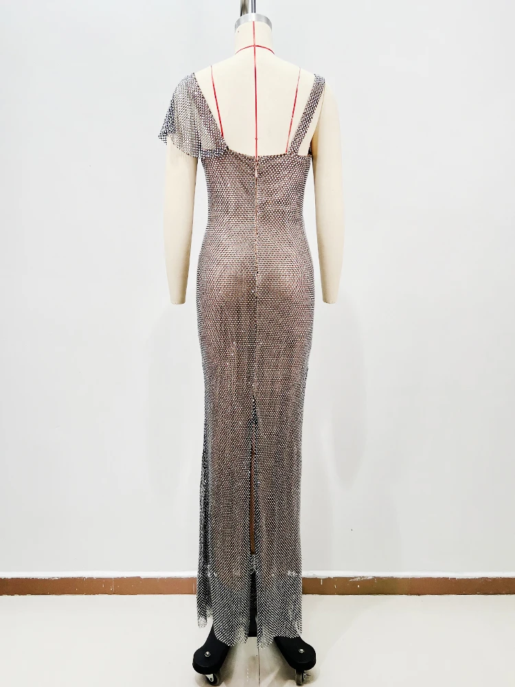 Luxuriöses Kristall-Mesh Maxikleid Damen Sexy V-Ausschnitt Transparentes Strass-Abendkleid Schwarzer Spitzenbesatz Bodycon Formelles Party-Ballkleid