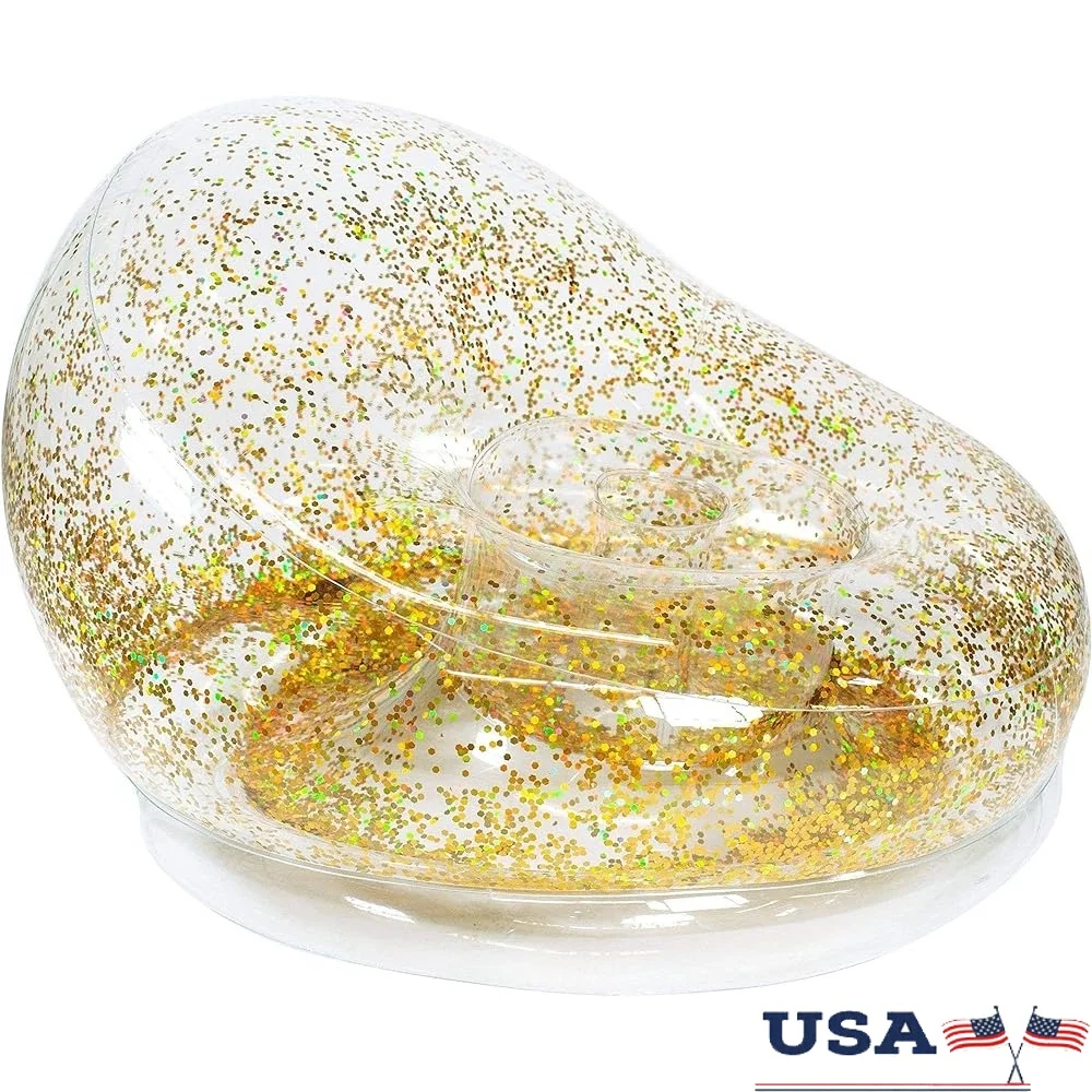 

Inflatable Glitter Chair Holographic Gold Glitter Comfortable Indoor Outdoor Seating PVC Durable Holds 250lbs Easy Inflate Blow