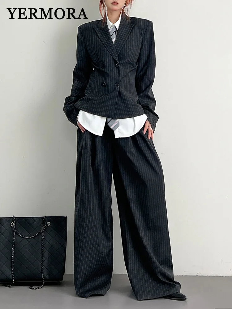 

YERMORA женский комплект из трех предметов в полоску, повседневный пиджак на пуговицах + рубашка + широкие брюки, свободные новые модные брюки, весна-осень 2025