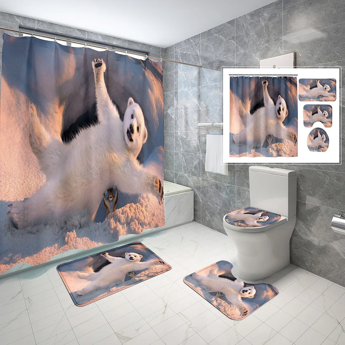 4 Pcs Polar Bear Shower Curtain Set Cute Cute Animals Shower Curtain Bathroom Non-Slip Bath Mat Toilet Cover Shower Curtain Set