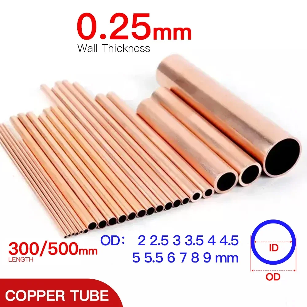 

Copper pipe 0.25mm wall thickness 2-10mm OD 300 500mm length Hollow straight round tubule cooper tube piping thin-wall