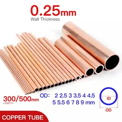 Copper pipe 0.25mm wall thickness 2-10mm OD 300 500mm length Hollow straight round tubule cooper tube piping thin-wall