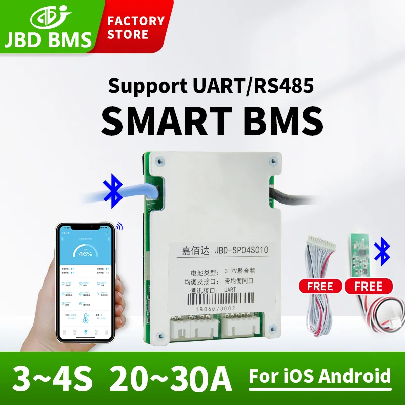 

JBD BT APP Smart BMS 4S Lifepo4 12 В для системы управления литиевыми батареями 3S 4S 30A UART RS485 NTC Общая функция баланса портов