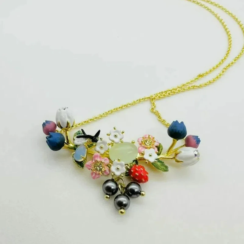 

Four Seasons Fruit Berry Blueberry White Flower Firefly Green Leaf Blossom Charms Necklace, Earrings, Wedding Ring Set for Women