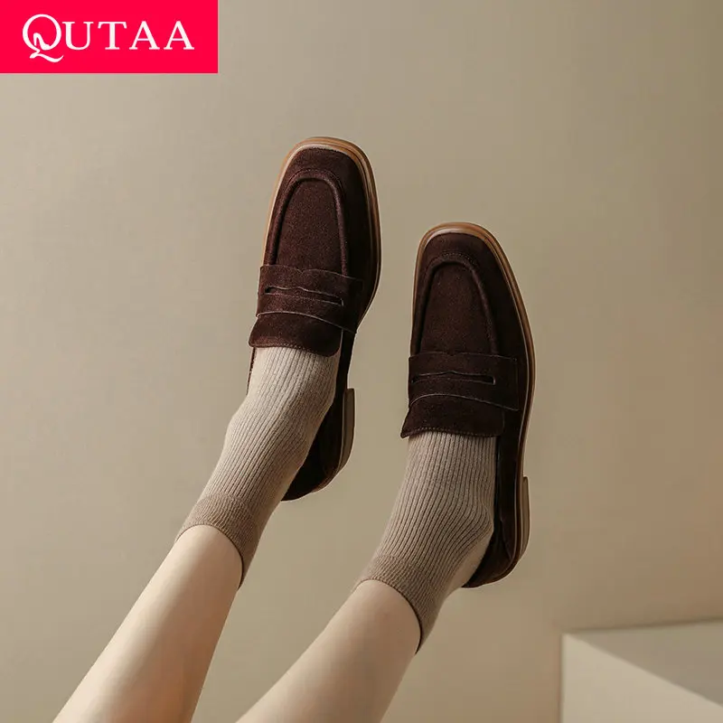 Qutaa 2025 moda feminina bombas sapatos criança camurça couro mulher primavera verão baixo sapatos planos dedo do pé redondo senhoras do escritório tamanho 34-40