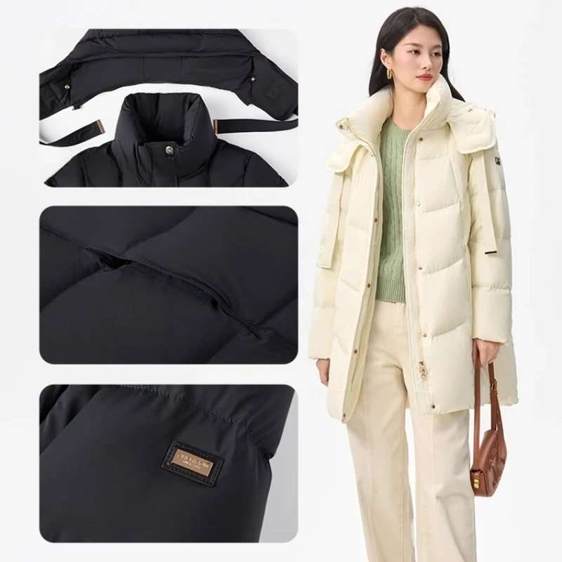 Chericom Halflange ganzendonsjas voor dames 2025 Winter Nieuwe opstaande kraag met capuchon Thermische retro minimalistische stijl jassen Y309732Y