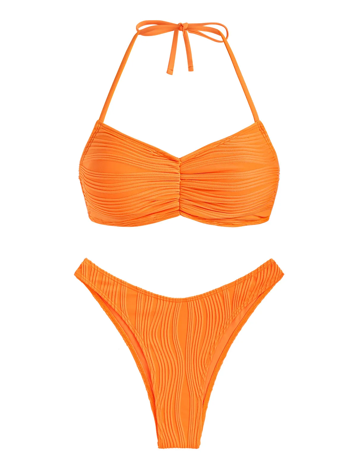 

ZAFUL Women's Wave Textured Ruched Halter Tie Cheeky Bikini Two Piece Swimwear Set