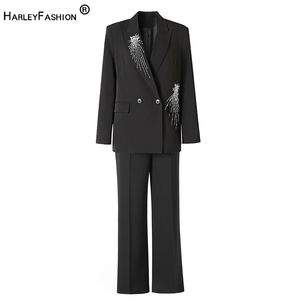 Runway Design European White Diamonds Beadings Black 2PCS Blazer Suits Luxury Street Two Pieces Pants Sets