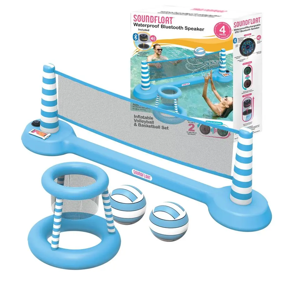 

Надувной волейбольный усилитель, набор поплавков для баскетбола и бассейна с водонепроницаемым динамиком Bluetooth, мячом, подстаканниками, чехлом для телефона, игра в бассейн