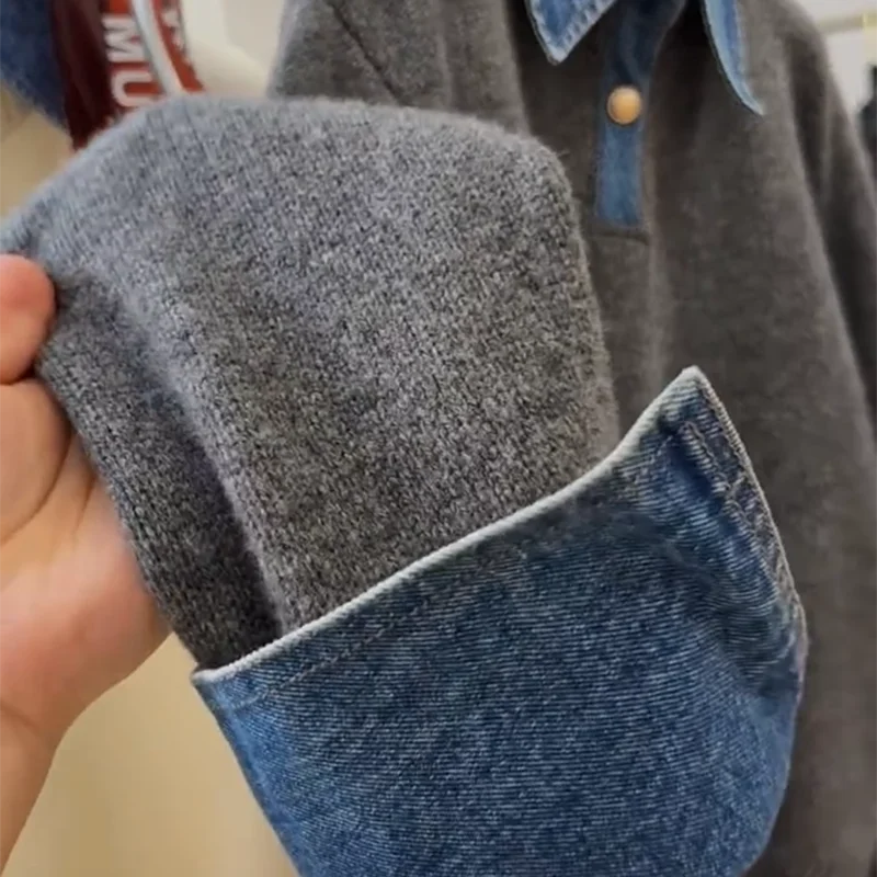 Damski sweter z dzianiny patchworkowej z denimu Harajuku Y2K, luźny, casualowy pulower z długim rękawem, gruby, ciepły, szykowny sweter w stylu amerykańskim.