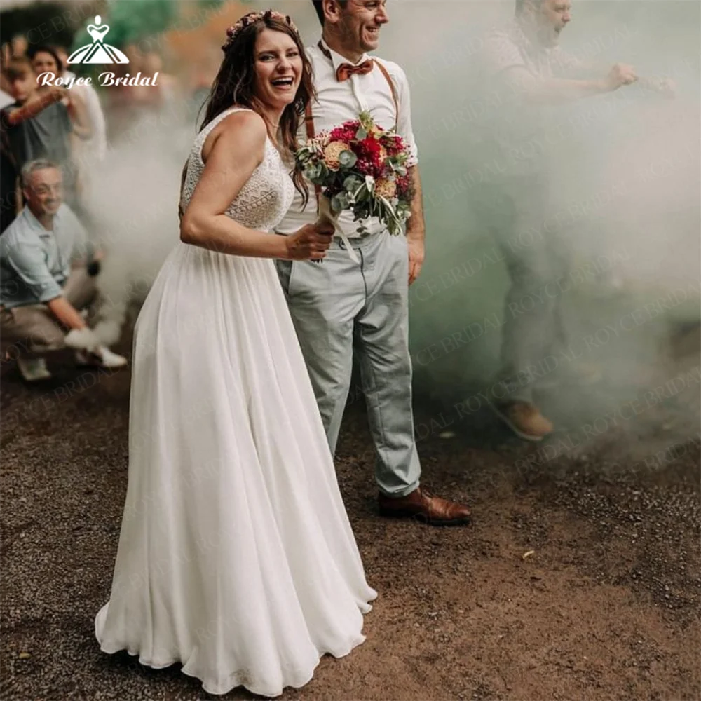 Personalizar Boho una línea cuello en V vestido de novia Simple nueva llegada espalda abierta con botones vestidos de novia vestido boda invitada mujer