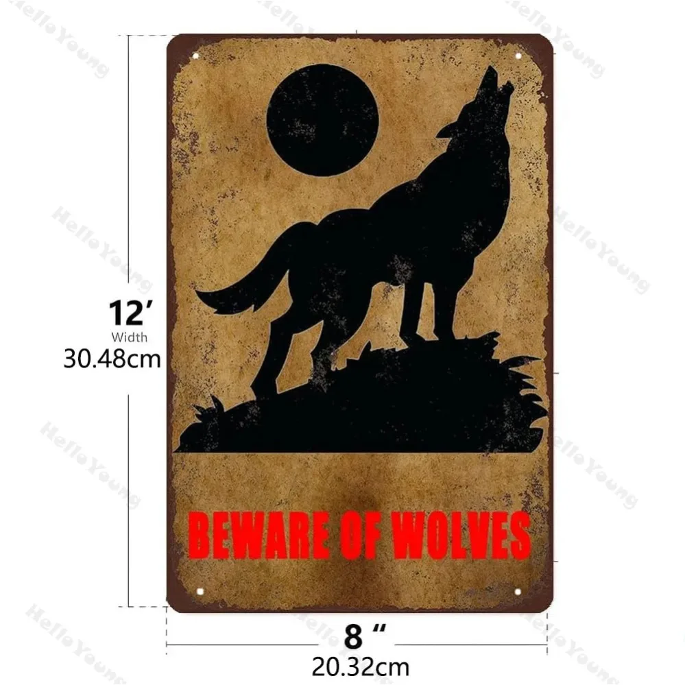BEWARE OF WOLVES Metal Sign | Retro Warning Decor for Yard, Farm | Mountain Field/Tree Trunk Outdoor Art