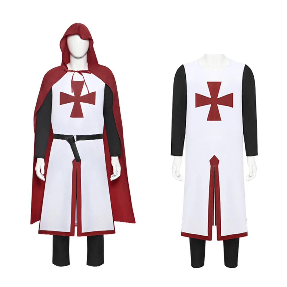 Mens Medieval Crusader Knights Templar Tunic Costumes Renaissance Halloween Surcoat Warrior Black Plague Cloak Cosplay Top