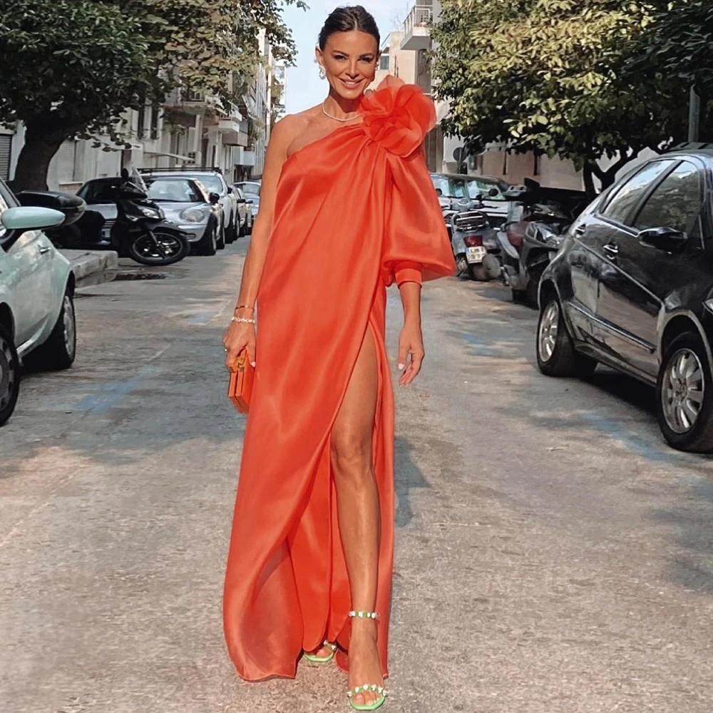 One Shoulder Orange Chiffon Long Sleeve Evening Dress With Slit Ankle Length Floral Dress Open Back Woman Clothes Chic Prom Gown