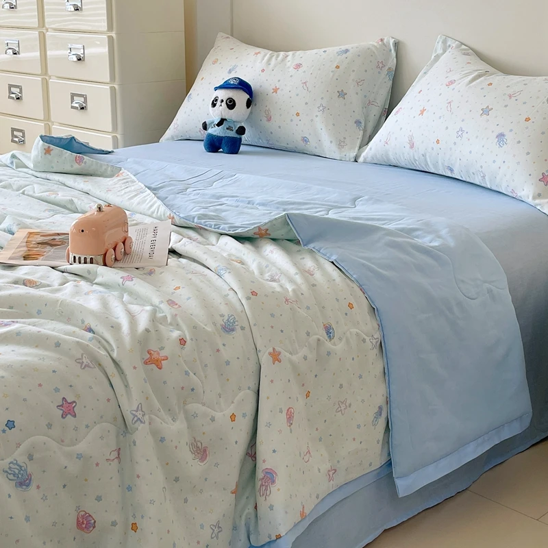 100%Cotton Summer Quilt Cartoon Printed Quilted Bedspread for Beds Single/Queen Double-layer Gauze Air Conditioning Blanket