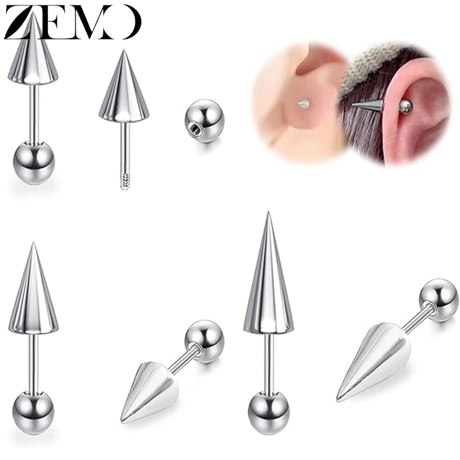 ZEMO 1 Stück 18G Edelstahl Punk Ohrstecker für Männer und Frauen Langer Spike Ball Kegel Ohrstecker Knorpel Helix Piercing Schmuck 6-17MM