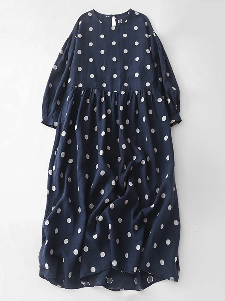 Robes Vintage en coton à pois pour femmes, nouveau coréen, manches longues, ample, tenue décontractée, vêtements élégants, printemps automne 2025