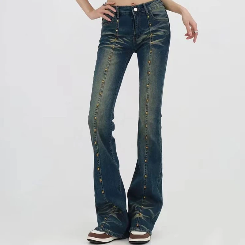 Vintage americano baixo aumento queimado jeans rebite studs angustiado lavado denim calças bootcut magro y2k harajuku rua denim calças