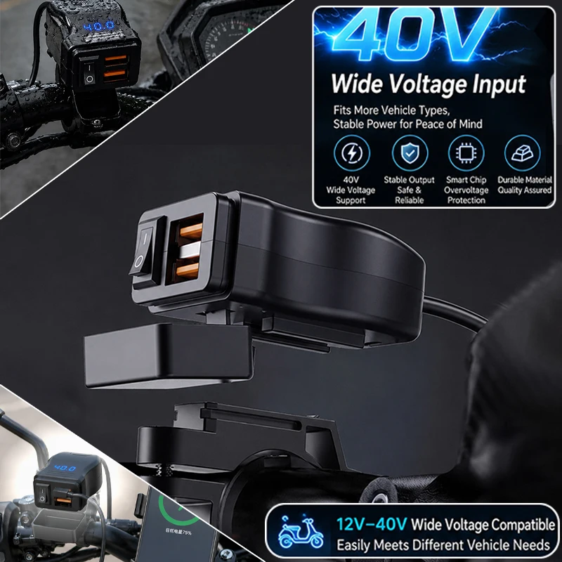

12V/40V Motorcycle Special Usb Charger Dual Qc3.0 Waterproof 50W Fast Charger Handlebar Charging Adapter with Digital Voltmeter