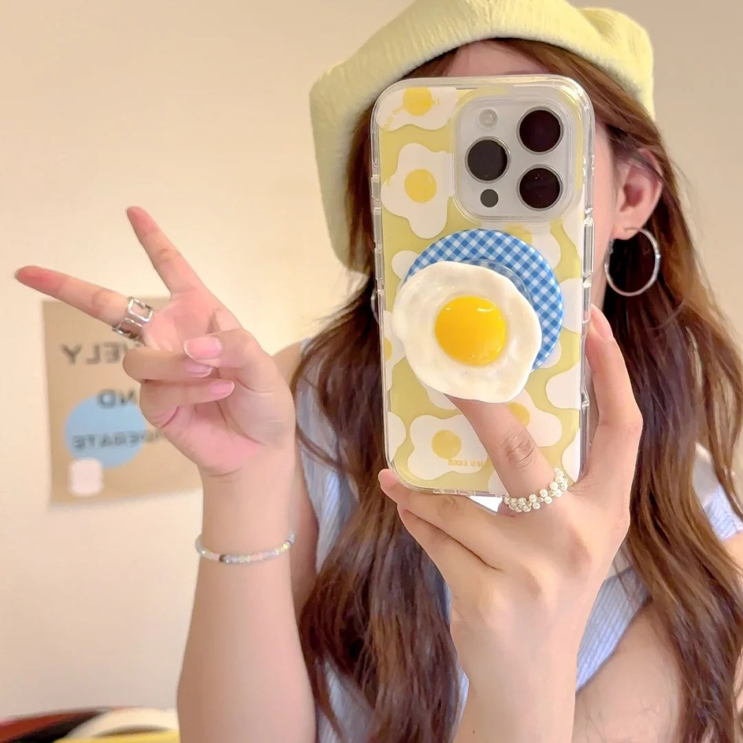 

Full Screen Poached Egg Cake Magsafe Wireless Charge Case For iPhone 13 14 15 16 Pro Max 3D Cartoon Fried Egg Magnetic Stand﻿