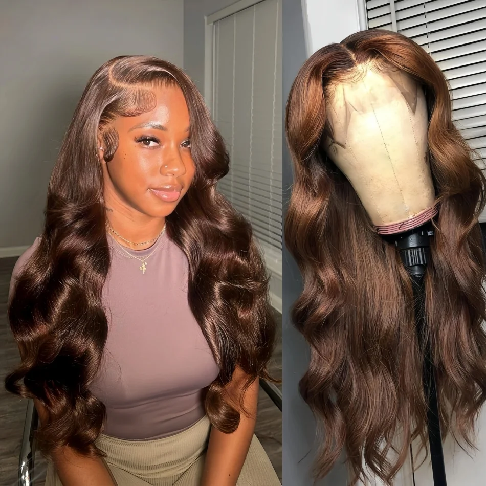 

Шоколадно-коричневый парик из натуральных волос с прозрачной HD-основой 13x6, 100% предварительно выщипанный, окрашенный, с эффектом Body Wave, для женщин