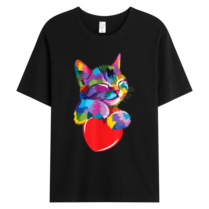 

Man T-shirts Rainbow Cute Cat Hugging Valentine Heart Kitty Love Cat Unisex Adult Multicolor Men's Cotton Fabric Graphic T-Shirt