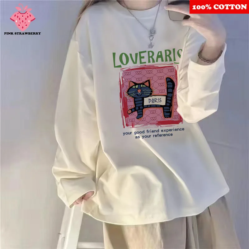 

100% Cotton Long sleeved White T-shirt Women Autumn 2025 New Cute Cartoon Cat Print T-shirt Loose Casual Y2k Top Female clothing