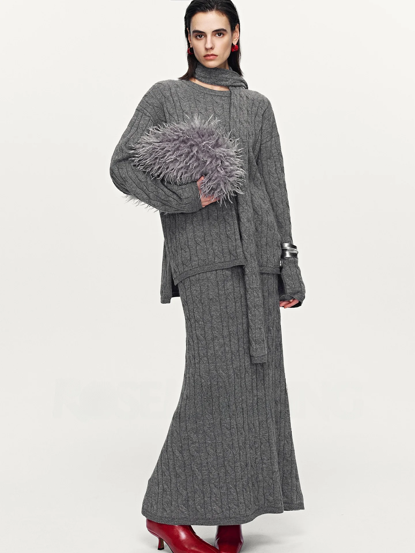 

Вязаный шерстяной комплект Ele: свитер, юбка и шарф с романтичным узором, винтажный дизайн, женский ансамбль для различных случаев