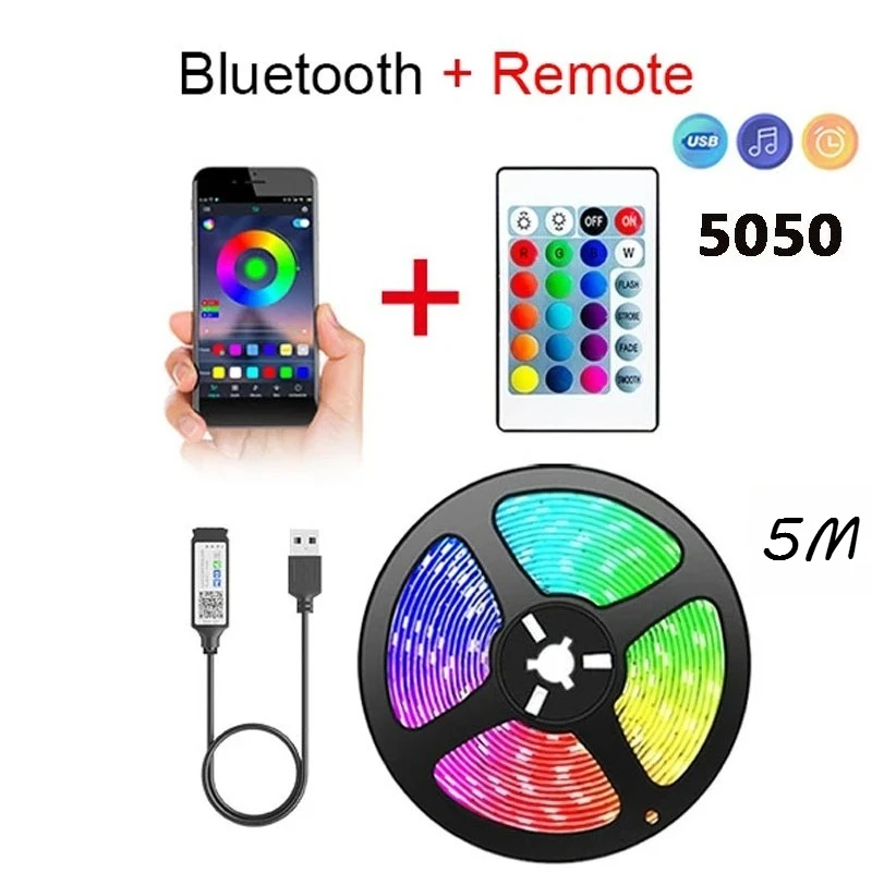 음악 동기화, 앱, 리모컨, TV, 홈 데코, 캐비닛 조명용 색상/타이머 조명 기능이 있는 5m RGB 스마트 5050 LED 라이트 스트립