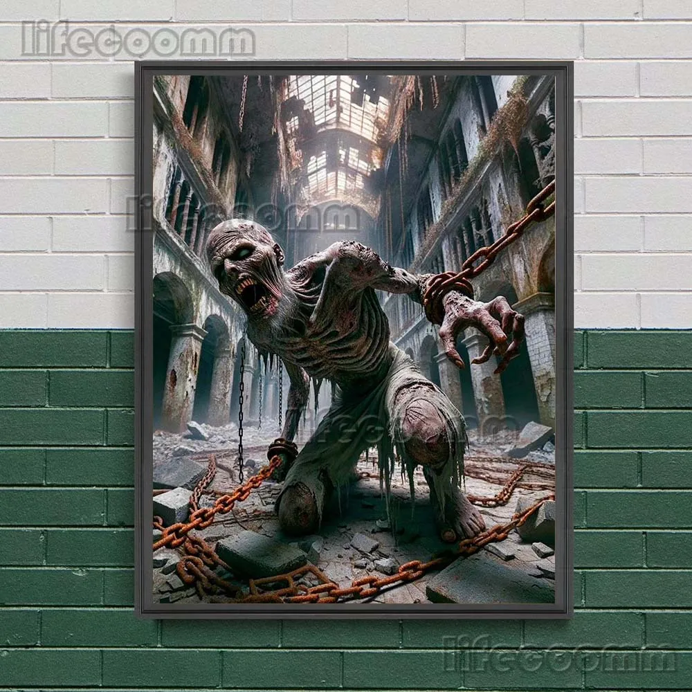 الساحرات والأشباح والشياطين والهياكل العظمية والزومبي مصيدة في سلاسل. خمر جدار الفن قماش طباعة الرعب السحر ملصق فني طباعة ديكور #5
