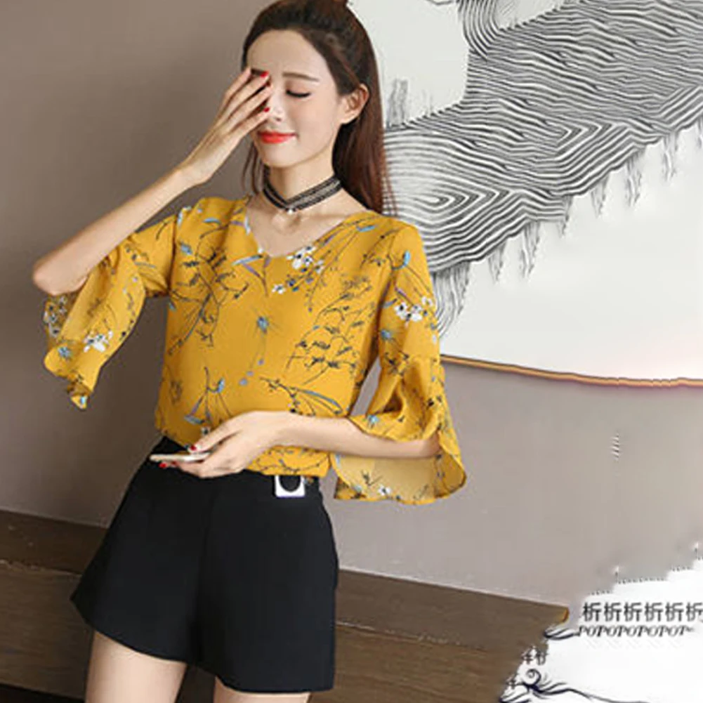 Damesblouse Elegante Bloemenprint Halve Flare Mouw V-Hals Chiffon Blouses Shirts