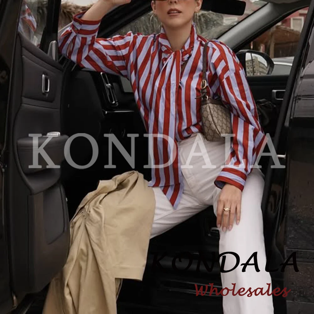 KONDALA Vintage Striped Bow Women Casual Asymmetric Shirt Fashion 2026 Spring Single Breasted Shirt Streetwear Chic Female Shirt image 5