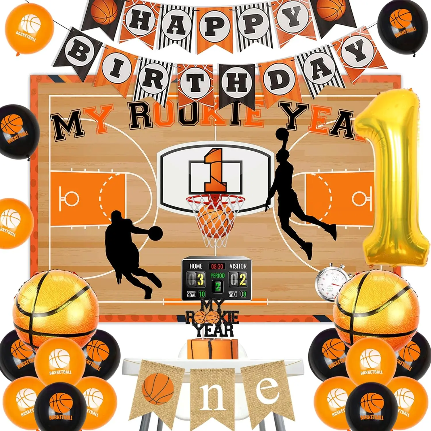 

Basketball Theme 1st Birthday Party Decor Boy My Rookie Year 1st Birthday Backdrop Balloons Cake Topper Happy Birthday Banner