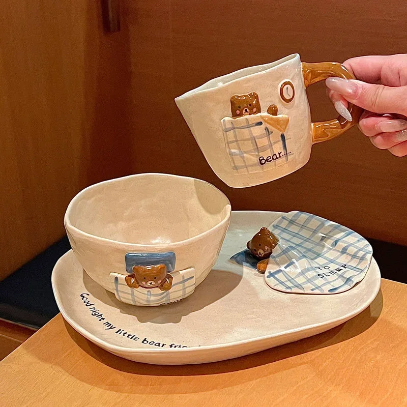 3D Embossed Bear Ceramic Bowl Plate Mug Set, Kids Dinnerware, Creative Quilt Bear Tableware For Holiday Wedding Souvenir Gift