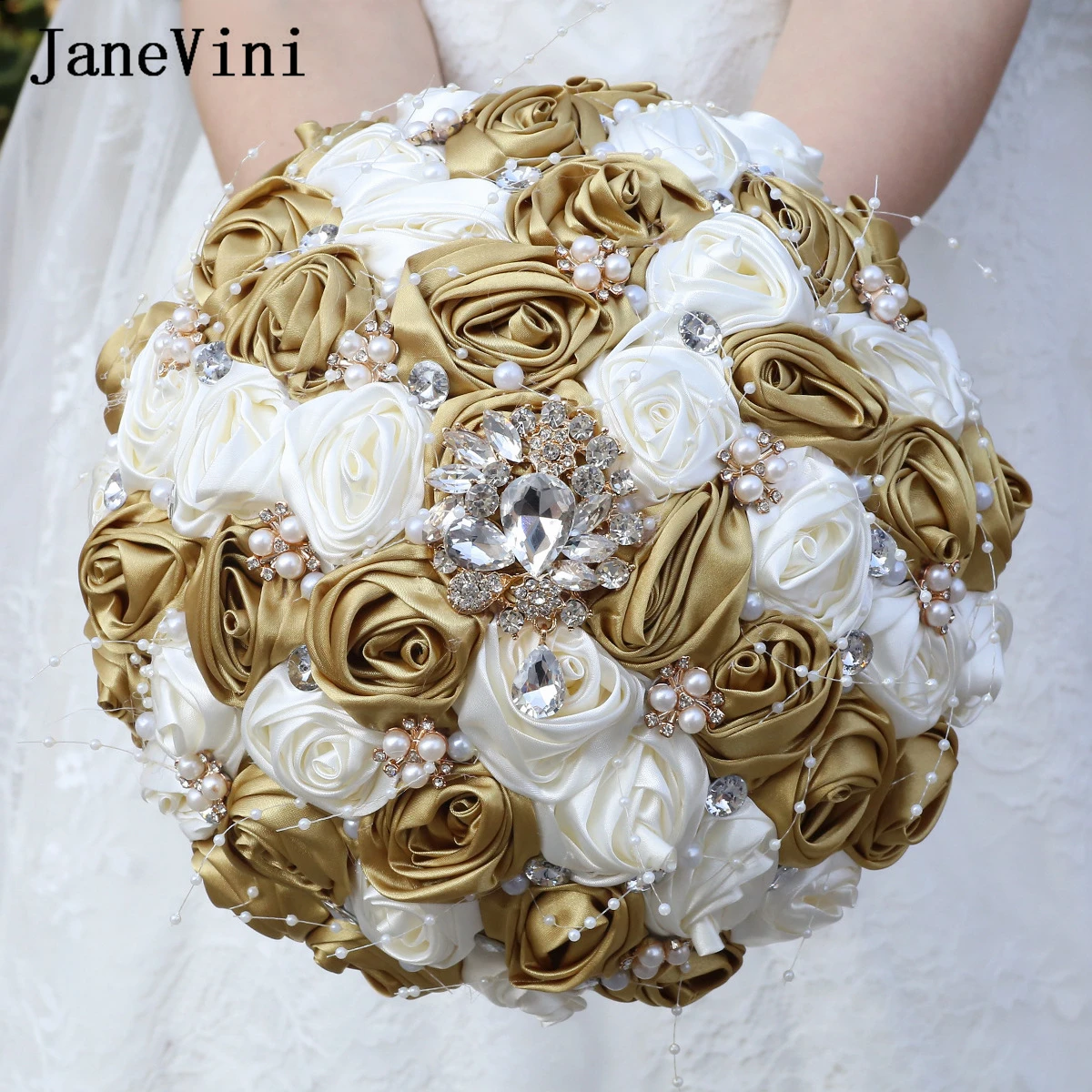 

JaneVini Luxury Gold Ivory Bridal Bouquet Accessories Rhinestones Crystals Pearls Bride Flowers Wedding Bouquets Bruidsboeket