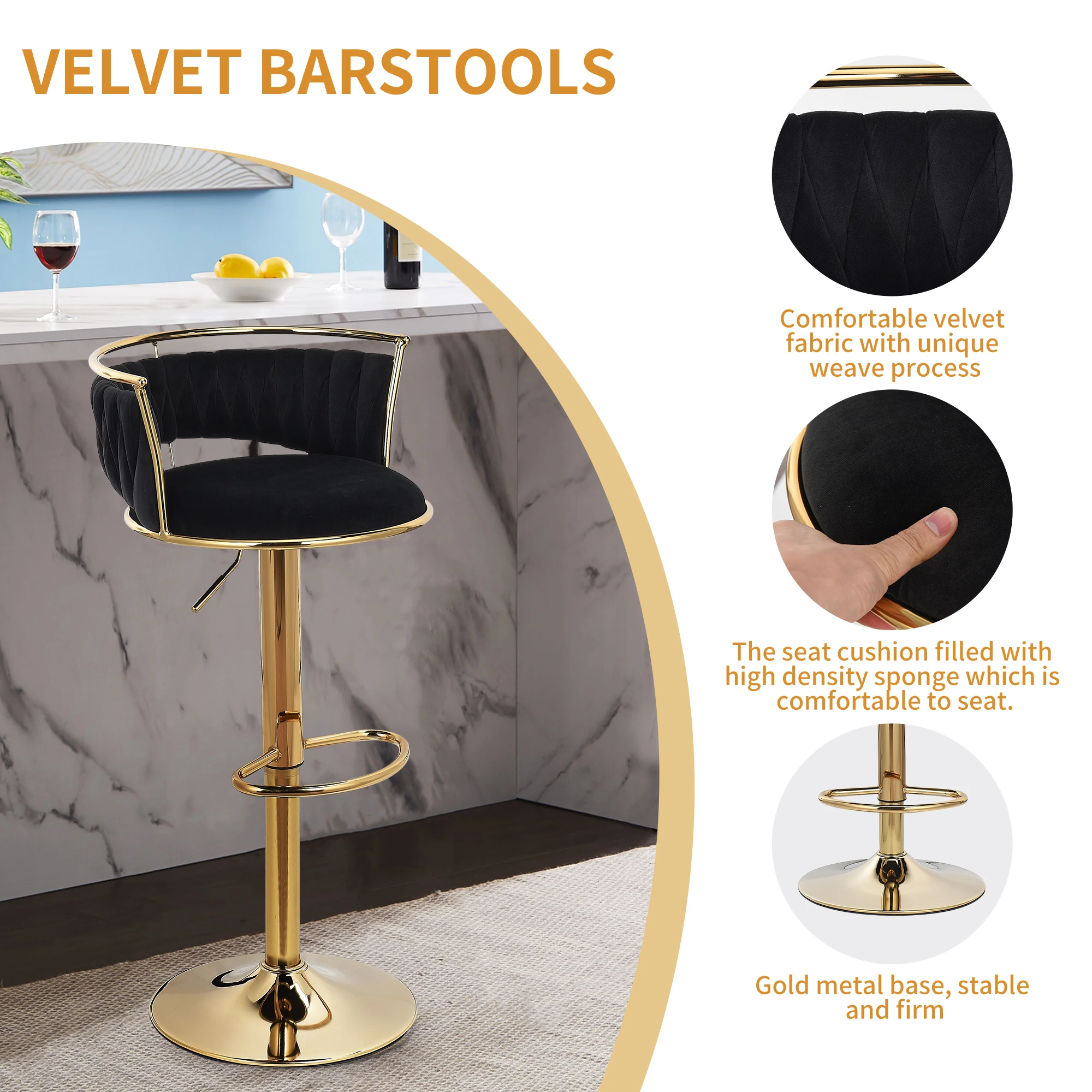 2 szt. Stołek barowy z regulacją wysokości, mały stołek barowy z oparciem, krzesłem, aksamitem i metalowym stołkiem na ladę, zestaw 2 szt.