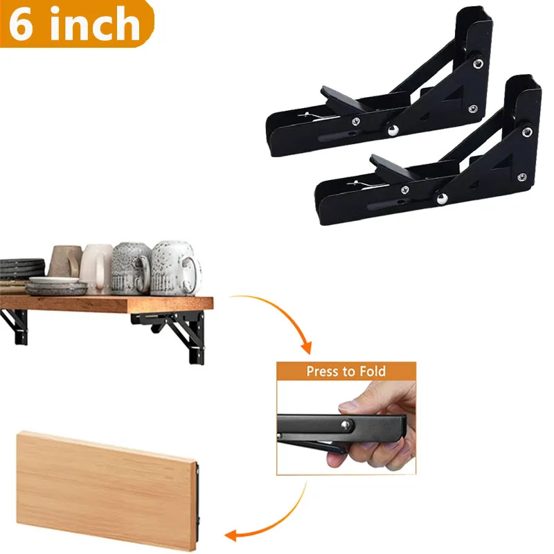 6 Inch 2Pcs Triangle Folding Angle Shelf Bracket Black Folding Shelf Bracket Space Saving Wall Mounted Collapsible Table Bracket