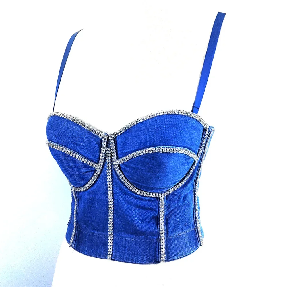 Sexy Vintage Denim Rhinestone Chains Bralette with Corset Waist and Fishbone Design Party Clubwear Underwear Women Push Up Bra