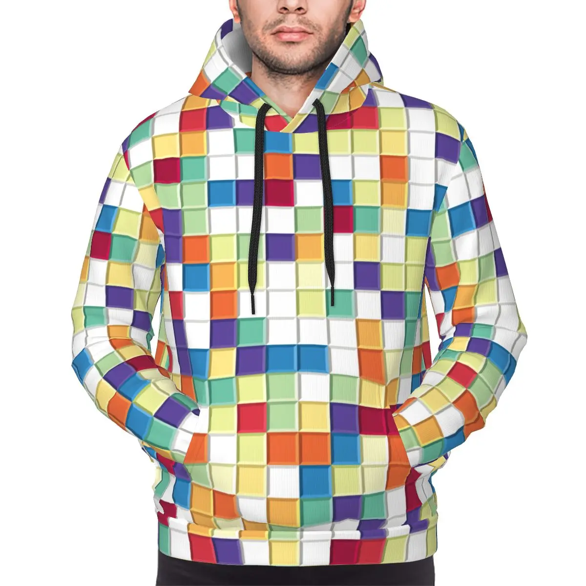 Rainbow Cube Hoodie For Men Women Colorful Cubes Art Pullover Long Sleeve Sweatshirts Drawstring Hooded Shirt with Kanga Pocket