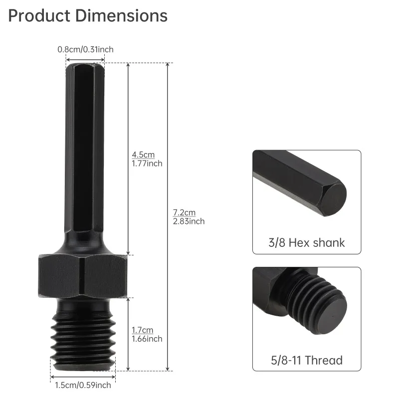 Threaded hole saw core drill bit adapter, grinding and polishing 72mm 5/8 inch male head to 3/8 inch hexagonal shank adapter